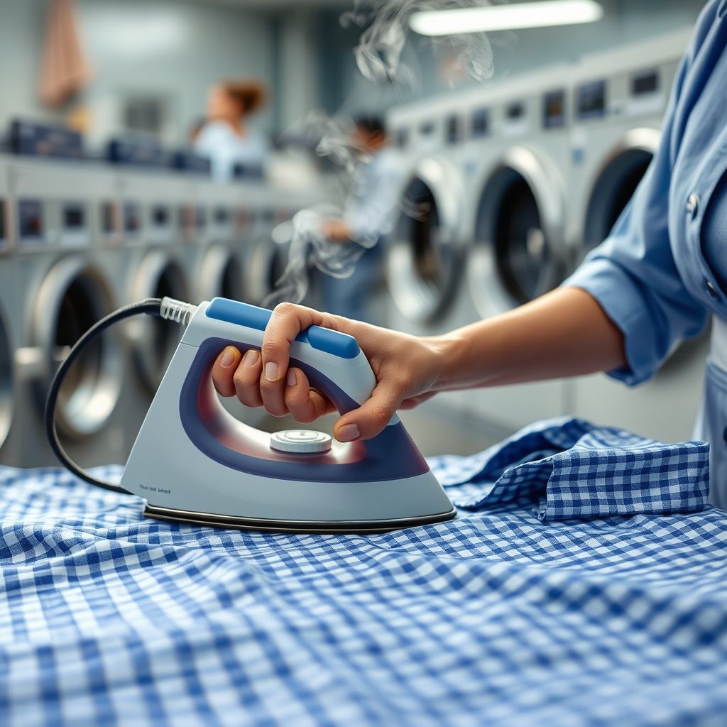 Une main tient la poignée d'un fer à vapeur traditionnel, appuyant avec assurance sur une chemise à carreaux bleus bien étalée, le tissu lisse scintillant sous la vapeur. L'arrière-plan reflète un environnement de blanchisserie actif, avec un éclairage doux mettant en valeur ce geste méticuleux. La personne effectuant la tâche porte un uniforme bleu clair, suggérant un cadre professionnel, soulignant la minutie et l'attention aux détails. La scène transmet une atmosphère calme mais appliquée, illustrant l'art de réaliser un repassage parfait.