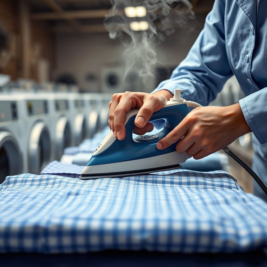 Une main tient la poignée d'un fer à vapeur traditionnel, appuyant avec assurance sur une chemise à carreaux bleus bien étalée, le tissu lisse scintillant sous la vapeur. L'arrière-plan reflète un environnement de blanchisserie actif, avec un éclairage doux mettant en valeur ce geste méticuleux. La personne effectuant la tâche porte un uniforme bleu clair, suggérant un cadre professionnel, soulignant la minutie et l'attention aux détails. La scène transmet une atmosphère calme mais appliquée, illustrant l'art de réaliser un repassage parfait.