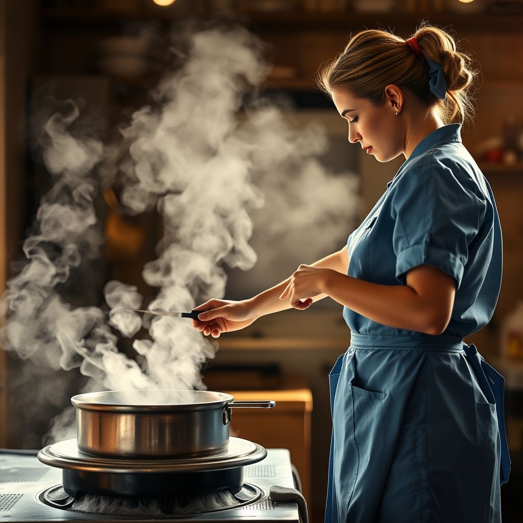 Une main tient la poignée d'un fer à vapeur traditionnel, appuyant avec assurance sur une chemise à carreaux bleus bien étalée, le tissu lisse scintillant sous la vapeur. L'arrière-plan reflète un environnement de blanchisserie actif, avec un éclairage doux mettant en valeur ce geste méticuleux. La personne effectuant la tâche porte un uniforme bleu clair, suggérant un cadre professionnel, soulignant la minutie et l'attention aux détails. La scène transmet une atmosphère calme mais appliquée, illustrant l'art de réaliser un repassage parfait.