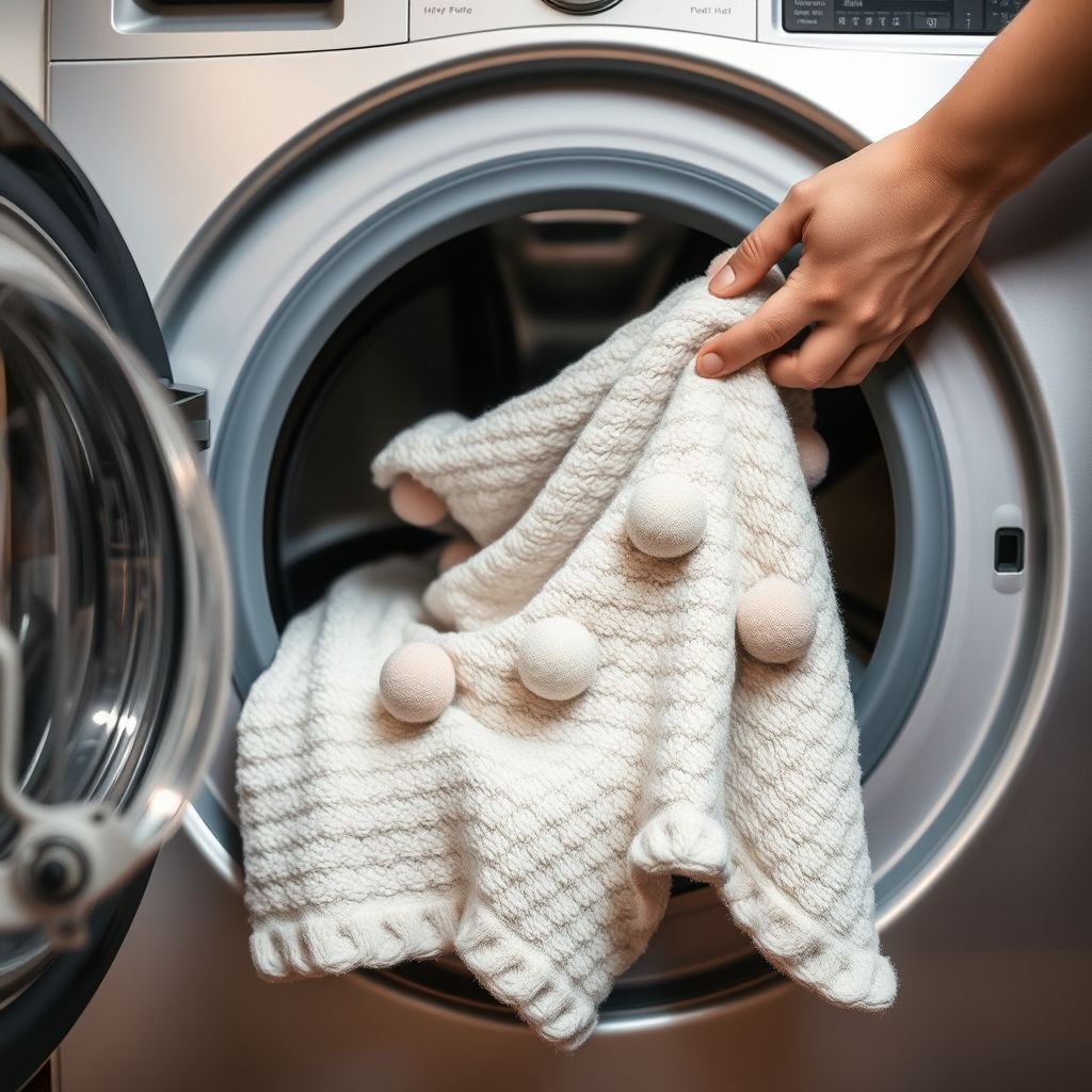 Une couverture légère et texturée, ornée de pompons ludiques, est doucement retirée d'une machine à laver moderne au tambour ouvert, révélant un tissu propre et moelleux. Les mains qui manipulent la couverture montrent attention et soin, soulignant l'importance du confort domestique. L'environnement est contemporain, avec des tons doux qui contrastent avec la surface métallique de la machine. L'ambianceréflète la propreté et le confort du foyer, illustrant une tâche ménagère simple et satisfaisante.