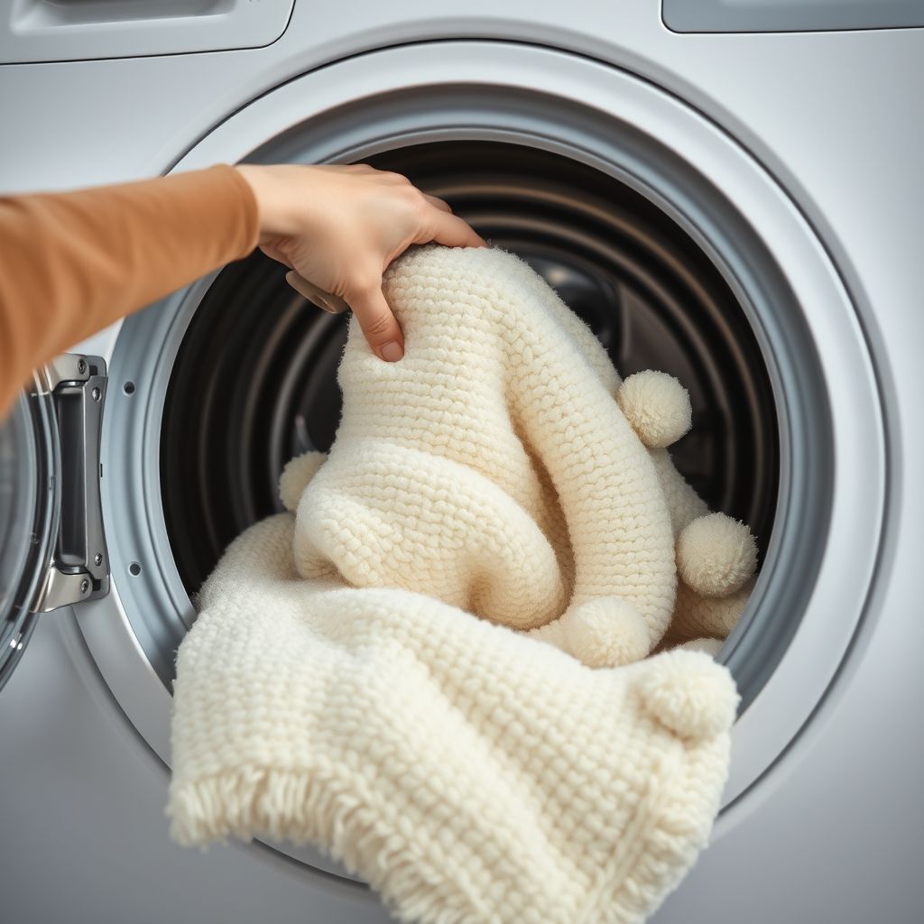 Une main tendue attrape une couverture douce, texturée avec des pompons, sortant d'une machine à laver moderne au tambour ouvert, dévoilant un tissu propre et moelleux. L'environnement intérieur est lumineux, propre et ordonné, rappelant une buanderie domestique soignée. Cette image illustre la tâche ménagère comme un rituel simple et satisfaisant, mettant en avant la nature tactile des textiles et le côté fonctionnel des appareils à domicile.