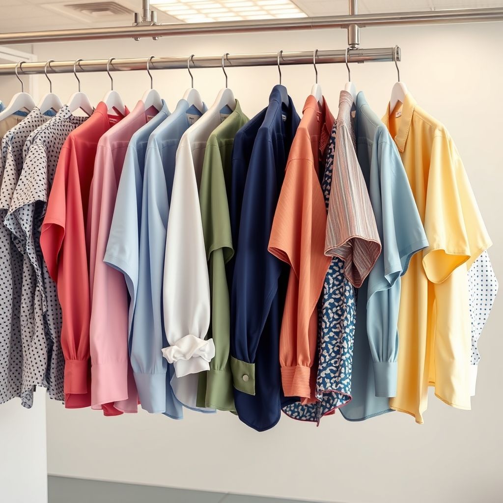 Une collection ordonnée de chemises suspendues, déclinées en couleurs et motifs variés, mettant en valeur la fraîcheur et la propreté. Le cadre rappelle un pressing professionnel, lumineux et bien organisé. La scène illustre la combinaison de sophistication et de praticité au quotidien.